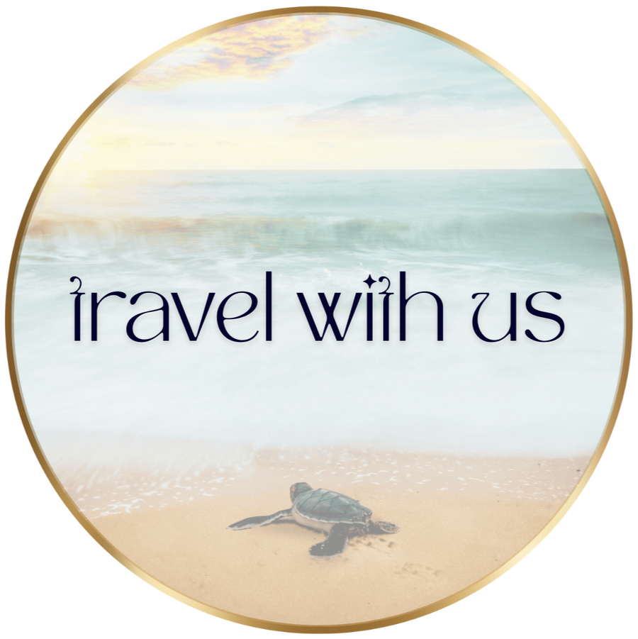 travel with us - Glow Well Travel image of a turtle moving into the sea - and text overlay of 'travel with us'